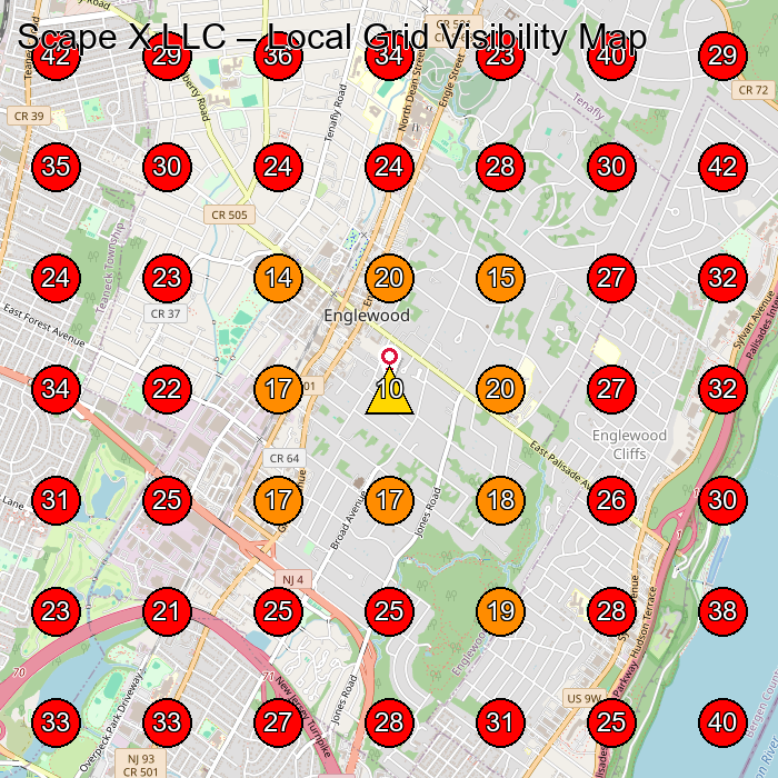 Scape X LLC GeoGrid visibility map for Roofing Contractor in Fort Lee